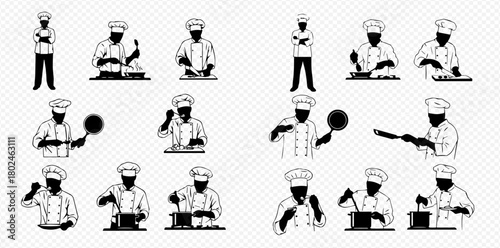 Silhouette illustrations of chefs in various cooking poses, isolated on a transparent background.