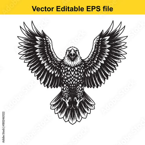 Detailed black and white illustration of a majestic eagle with outstretched wings, isolated on a, suitable for various design applications
