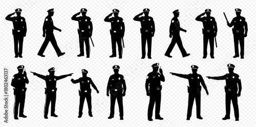 Silhouettes of police officers in various poses, including saluting and directing traffic.