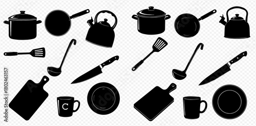 Silhouette image of kitchenware including pots, pans, kettles, utensils, and dishes.