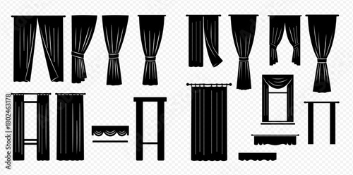 A collection of black and white illustrations of various curtain styles and window treatments.