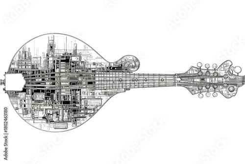 Creative blend of technology and music through a detailed illustration of a mandolin design