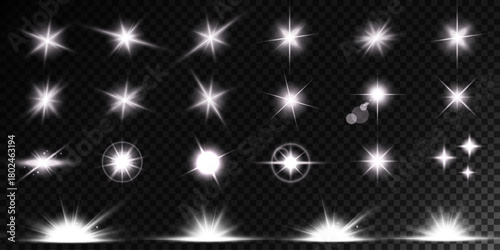 Lens Flare, light glow effect. sun or realistic shining star with backlight effect.
bokeh glitter and sparkles or sparkles on transparent background.
