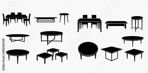 Silhouetted tables and chairs in various shapes and sizes, arranged on a transparent background.