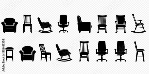 Silhouettes of various chairs, including armchairs, rocking chairs, and office chairs, arranged in two rows.