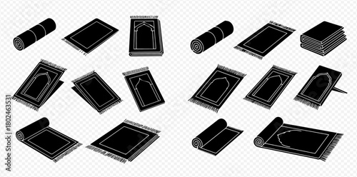 Isometric view of prayer rugs in various states: rolled, folded, and flat.