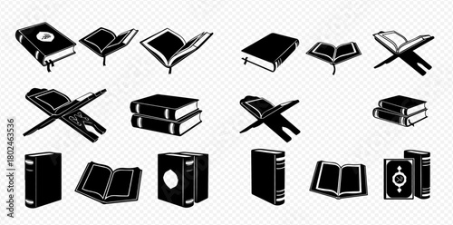 A collection of black and white vector illustrations of books, some open, some closed, and some on stands.