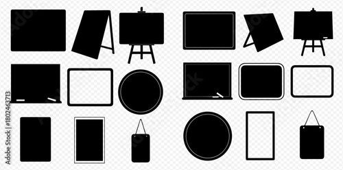 Collection of various chalkboard and whiteboard silhouettes, including standing and hanging designs.