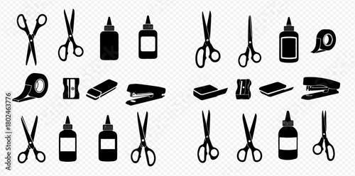 Black and white illustration of office and school supplies, including scissors, glue, tape, and staplers.