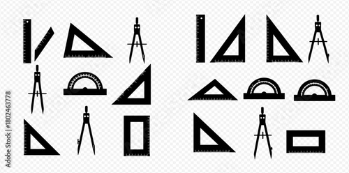 Illustration of drafting tools including rulers, triangles, protractors, and compasses.