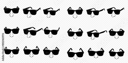 A pattern of sunglasses with noses on a transparent background.