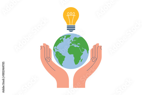 Hands cradle the Earth with a bright idea lightbulb above