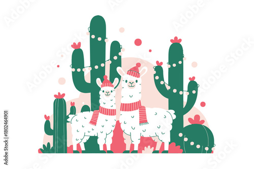 Two llamas wearing Santa hats and scarves stand between cacti decorated with Christmas lights.