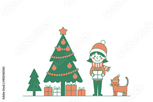 A child holding a gift next to a decorated Christmas tree and a cat.