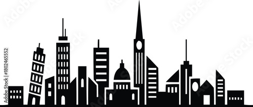 Modern cityscape silhouette featuring diverse architectural styles and iconic buildings against white background