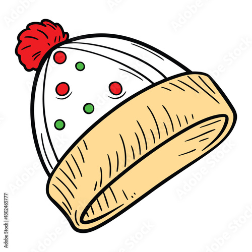 White knitted winter hat with red pompom and polka dots knitted hat beanie