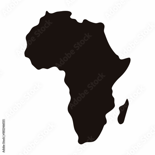 A dark silhouette map of the African continent on a white background