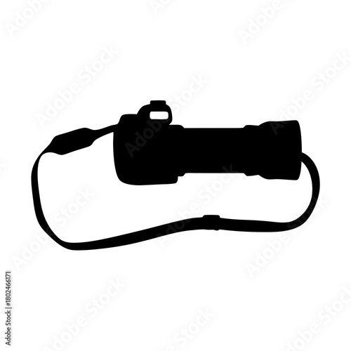 Silhouette of professional DSLR camera with long lens and shoulder strap