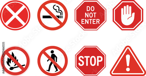 Essential collection of red prohibition, warning, and stop icons