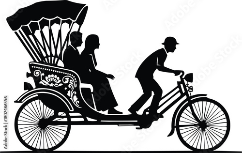 Silhouette of a traditional rickshaw with two passengers and a driver in a vintage style illustration