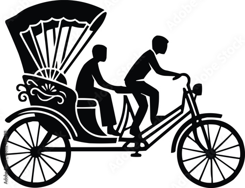 Silhouette of a traditional rickshaw with two passengers and a driver in a vintage style illustration