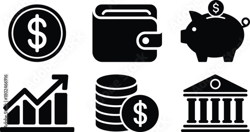 Money and finance icons: dollar, wallet, piggy bank, growth, bank