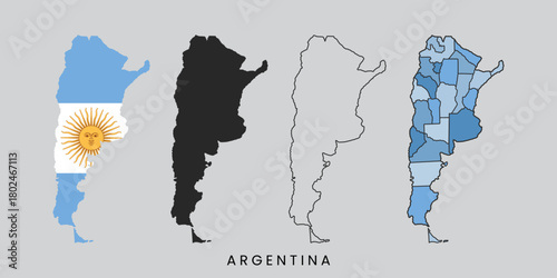 Argentina Map Silhouette, Flag Overlay, Outline, and Provinces Vector Set