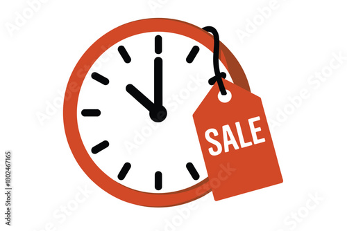 A clock with a sale tag attached represents limited-time offers and discounts.