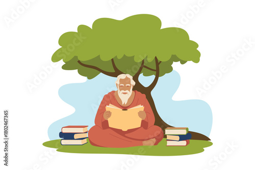 An ancient man sits under a tree reading a book.