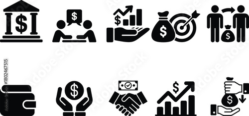 Financial and business icons showing money, growth, banking, deals.