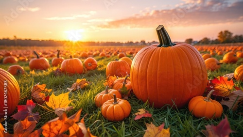 Orange pumpkins and autumn leaves in a field at sunset