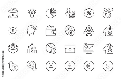 Finance & business icon set. Currency, money, euro, dollar, wealth, percent, briefcase, money bag, idea, pie chart, analysis, time is money, exchange, investors. Vector illustration. Editable stroke.