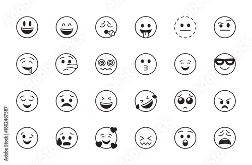 Emoji & smiley black icon set. Emotion, smile, emoticon, smiling, lying, worried, laughing, angry, winking, spiral eyes, kissing, weary, confounded, grinning face. Vector illustration.Editable stroke.
