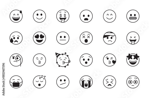 Emoji & smiley black icon set. Emotion, smile, emoticon, money-mouth, sleeping, crying, grimacing, heart-eyes, neutral, smiling, anxious, flushed, grinning face. Vector illustration. Editable stroke.