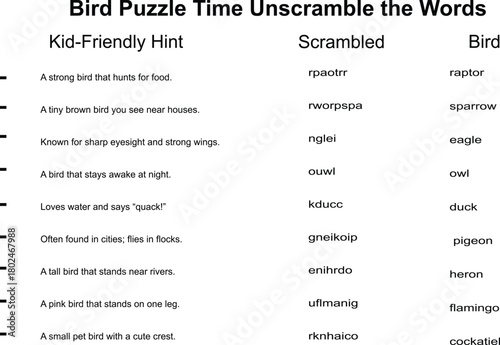 Bird puzzle time unscramble the words kid friendly activity