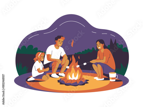 A family enjoys roasting marshmallows over a campfire at night.