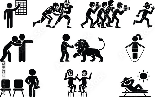 Set of stick figure vector icons representing daily life and actions