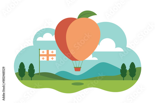 A hot air balloon shaped like a peach floats over a landscape with a flag.