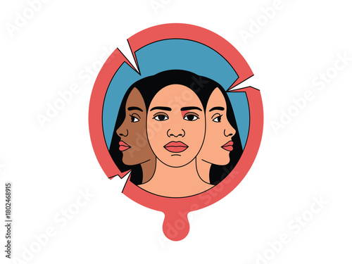 A woman's face is reflected in a cracked mirror with multiple perspectives shown.