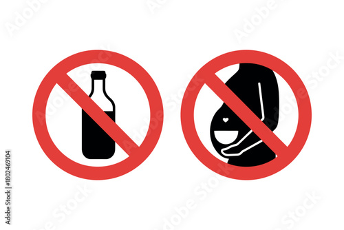 No alcohol and no pregnant women signs, warning of health risks