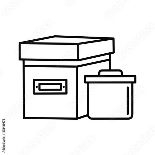 Outline icon of an office archive file box for document storage and a trash can for waste disposal