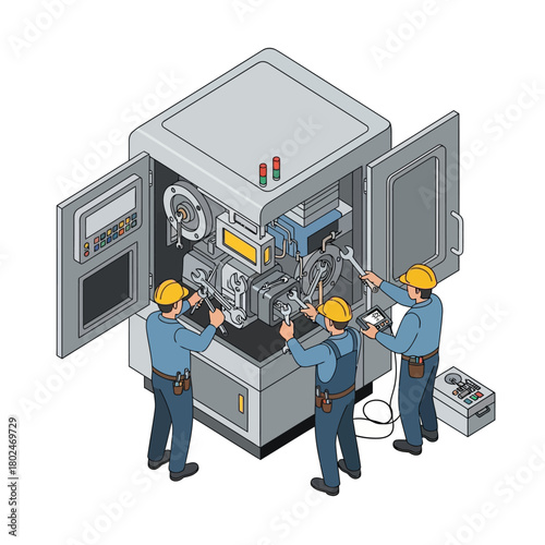 Factory Technicians Fixing CNC Machine Isometric Art