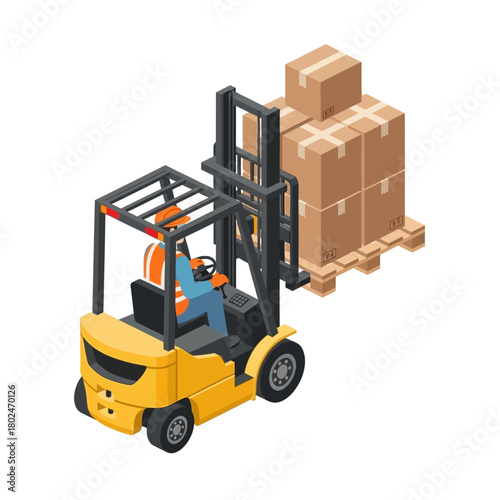 Forklift Operator Moving Cargo Pallet Vector Art