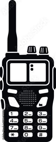 Walkie talkie icon, portable radio silhouette, wireless communication device, security equipment vector, two way transceiver symbol, black isolated illustration, technology