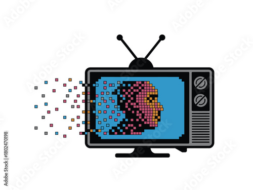 An old television displays a pixelated face that is breaking apart into digital fragments.