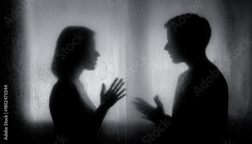 Silhouette Of A Quarreling Couple Behind Frosted Glass: Emotional Gestures In A Heated Argument Between A Man And A Woman