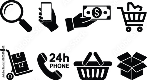 E-commerce and shopping online retail service black icon set