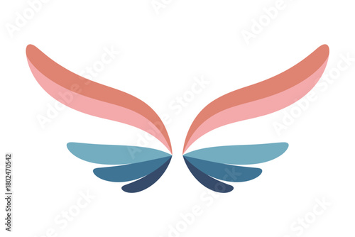 Stylized wings with pink and blue feathers on a white background.