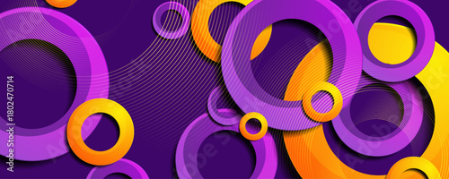 Vibrant geometric tech background with abstract violet and orange circles. Vector banner design