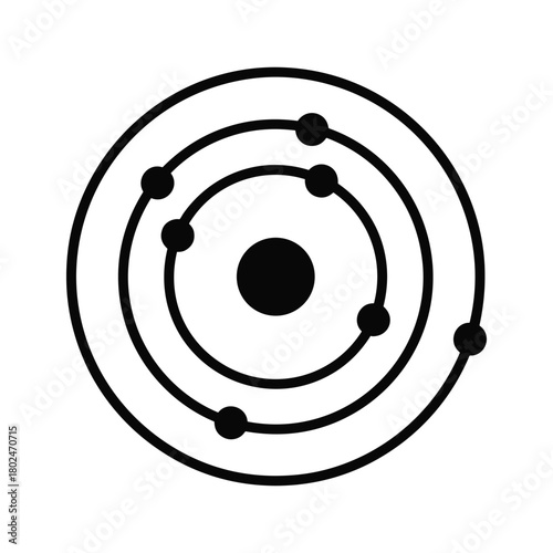 Atomic structure diagram with central nucleus and electrons orbiting on concentric paths, simple black icon